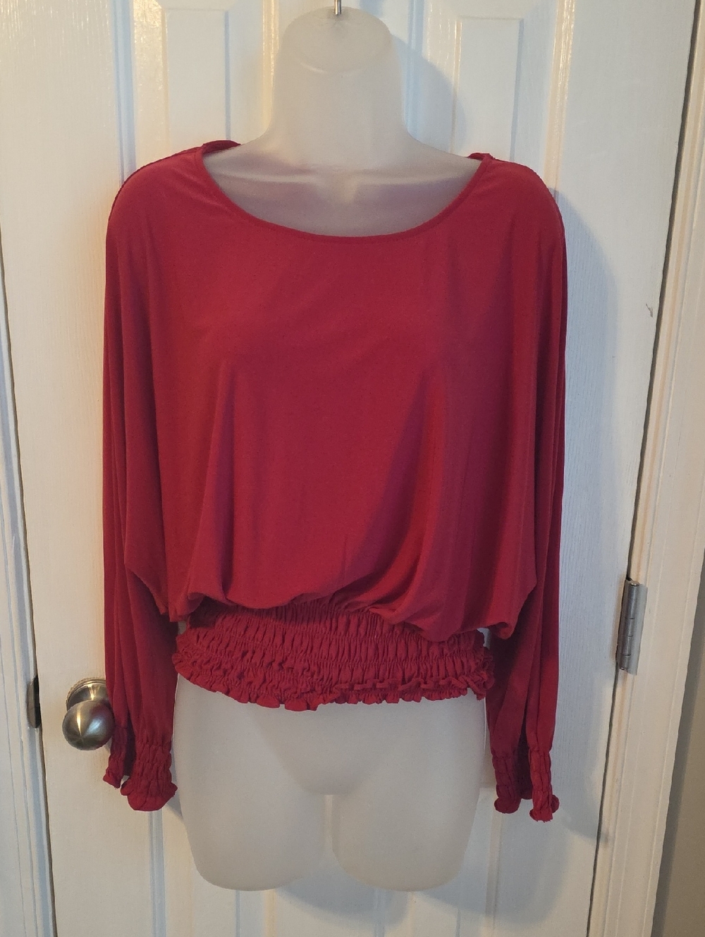 Philosophy Red Smocked-Hem Long Sleeve Top